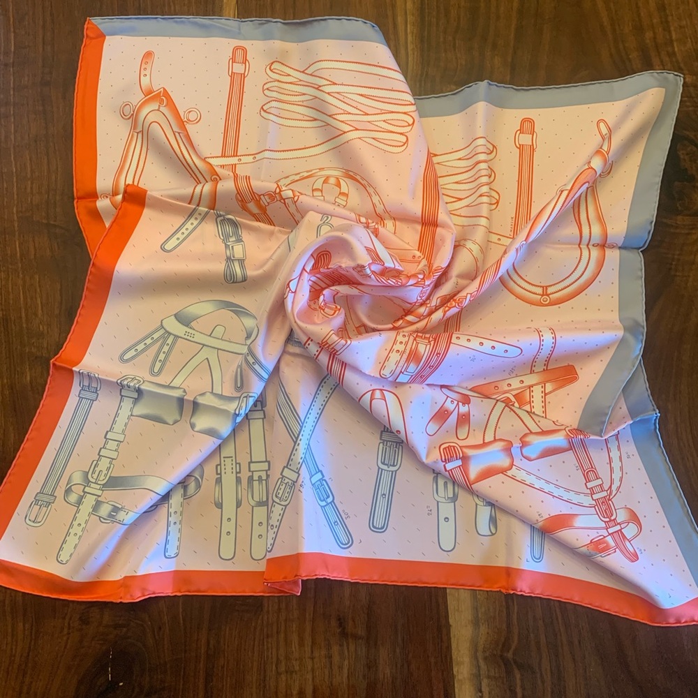 HERMES Scarf Silk Belt Pattern pink,orange and grey , New no tag original box